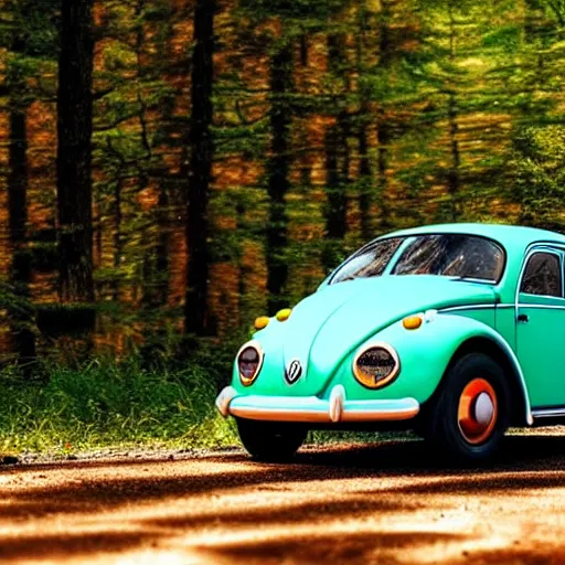 Image similar to promotional scifi - mystery movie scene of a real ladybug that is a hybrid with a ( volkswagen beatle ) hybrid that's more ladybug, racing down a dusty back - road in smokey mountains tennessee. cinematic, 4 k, imax, 7 0 mm, teal autochrome, hdr