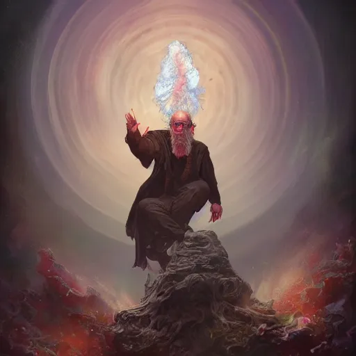 Image similar to old wizard summoning a geyser of psychedelic energy from the ground, hyper - detailed, cgsociety, 8 k, high resolution, in the style of charlie bowater, tom bagshaw, norman rockwell, gerald brom, adam hugh