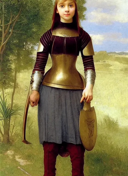 Image similar to annasophia robb wearing medieval armour and bowl haircut, bouguereau