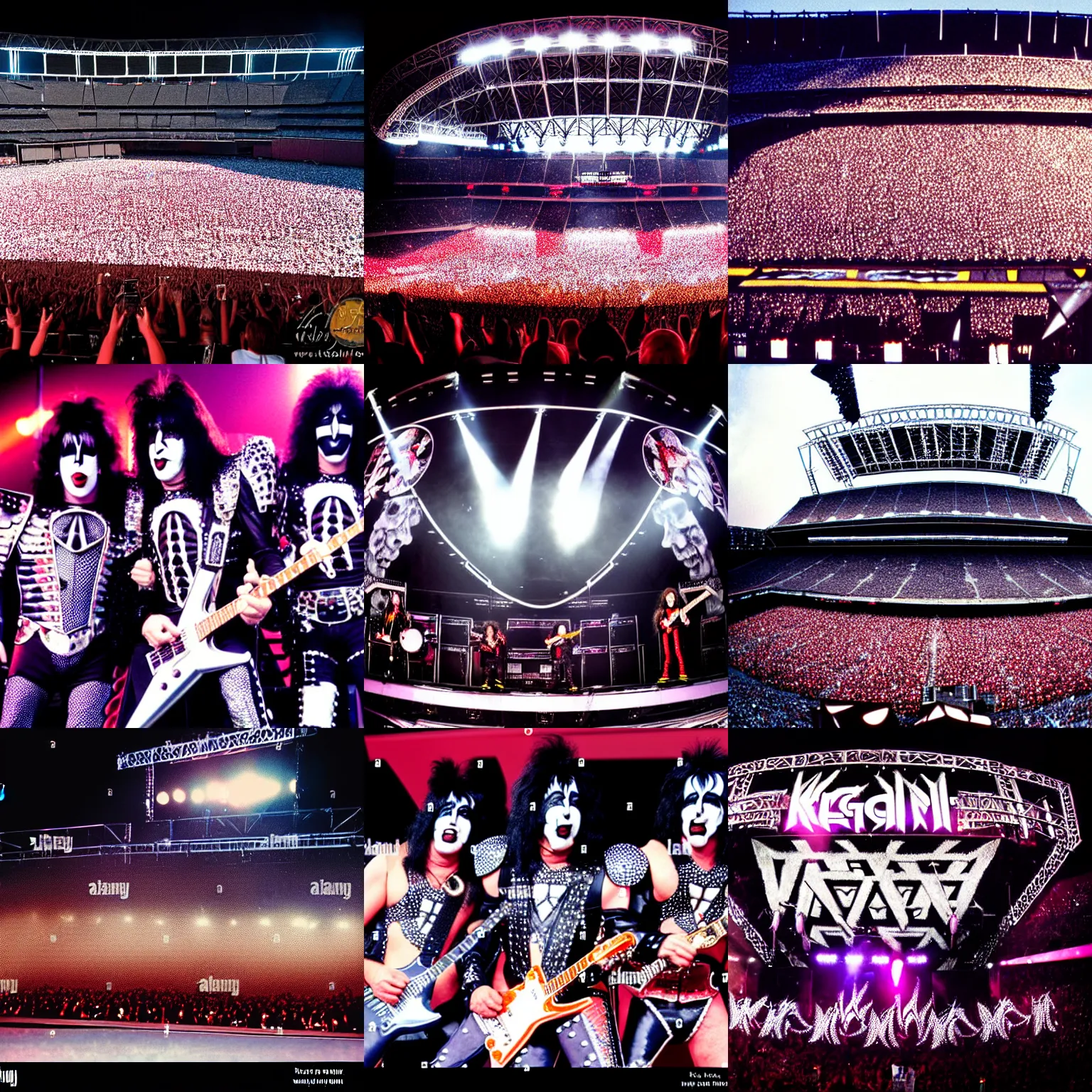 Prompt: legendary kiss metal band reunion concert on a stadium. detailed photo at the stage. 3 5 mm trending