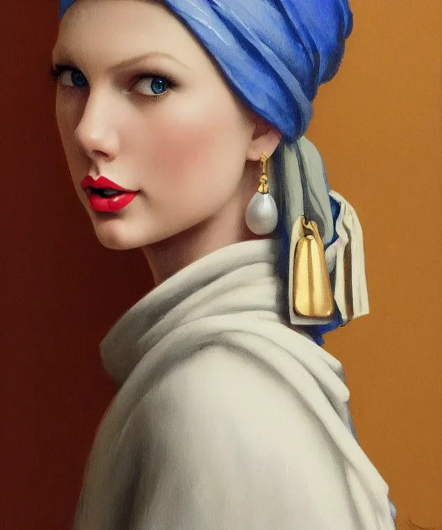 Image similar to Taylor Swift as the girl with the pearl earring, highly detailed, digital painting, artstation, concept art, smooth, sharp focus, illustration, ArtStation, art by artgerm and greg rutkowski and alphonse mucha and J. C. Leyendecker and Edmund Blair Leighton and Katsuhiro Otomo and Geof Darrow and Phil hale and Ashley wood and Ilya repin and Charlie Bowater