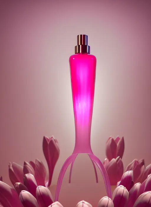 Image similar to perfume bottle standing in the center of a biomechanical light - pink enchanted coral reef made of tulips in an ivory room well contoured smooth fair walls, up close shot, sharp focus, global illumination, radiant light, alexandre ferra white mecha, irakli nadar, octane highly render, 4 k, ultra hd,