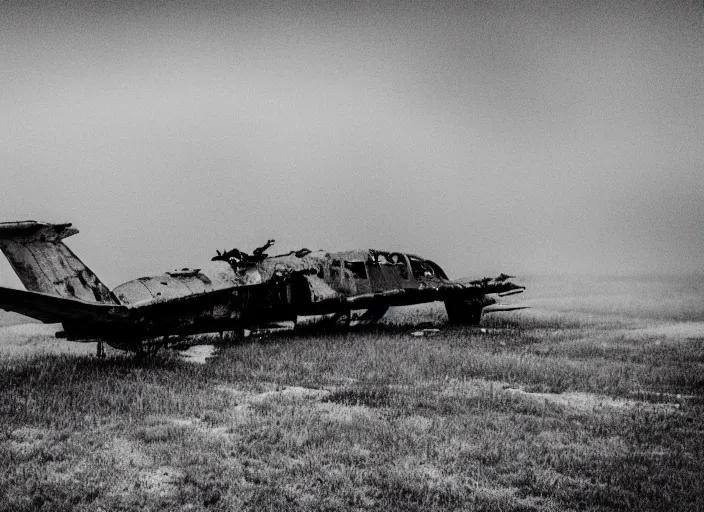 Prompt: black and white photograph of a crashed abandoned military jet in kansas city, rainy and foggy, soft focus