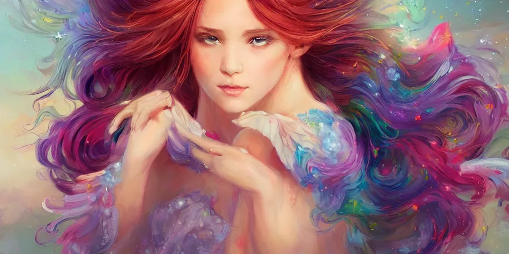 Image similar to a colorful and provenance portrait painting of a angel with her huge flowers wings spread out gracefully ， detailed, highly detailed, hair made of hair made of air wind and curling smoke, mist, dust, genie, flowers, flower, stars, spirit fantasy concept art ， art by charlie bowater and aenami, trending on artstation.