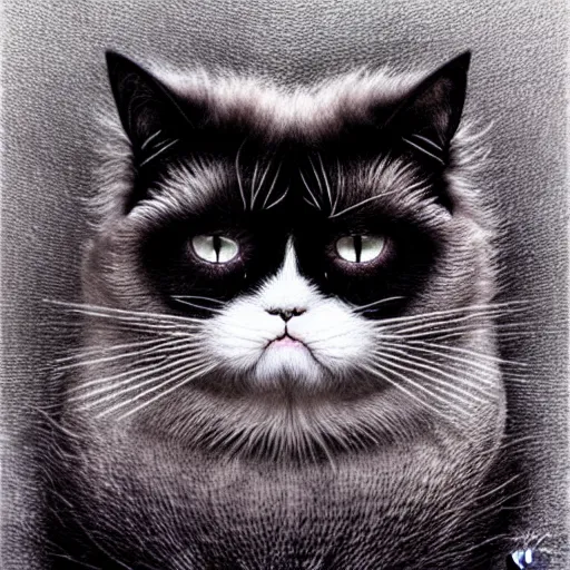 Image similar to cute chthonic fluffy grumpy cat by Ayami Kojima, Beksinski, Giger