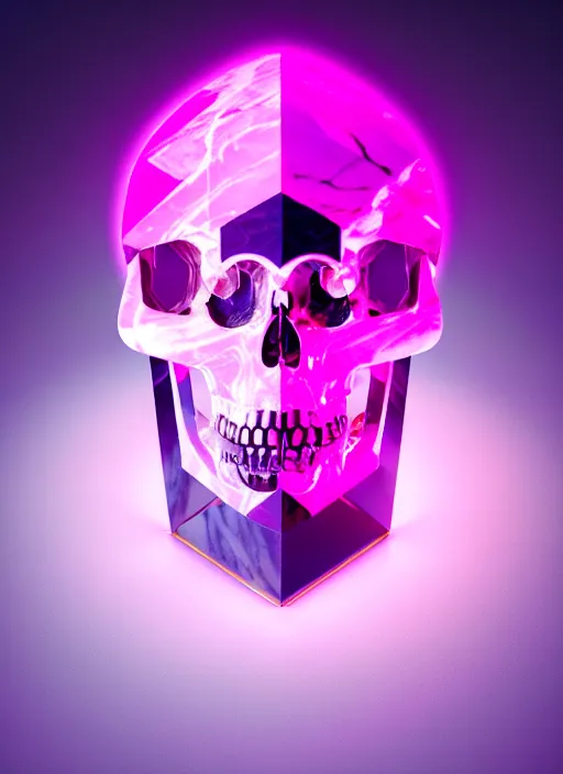 Image similar to photo of fullbodied baroque and bladerunner delicate neon diamond sculpture of seductive onyx albino marble prince kai harvatz dotado pink iridescent skull psychedelic, reclining, glowing magenta face, crown of white diamonds, cinematic lighting, photorealistic, octane render 8 k depth of field 3 d