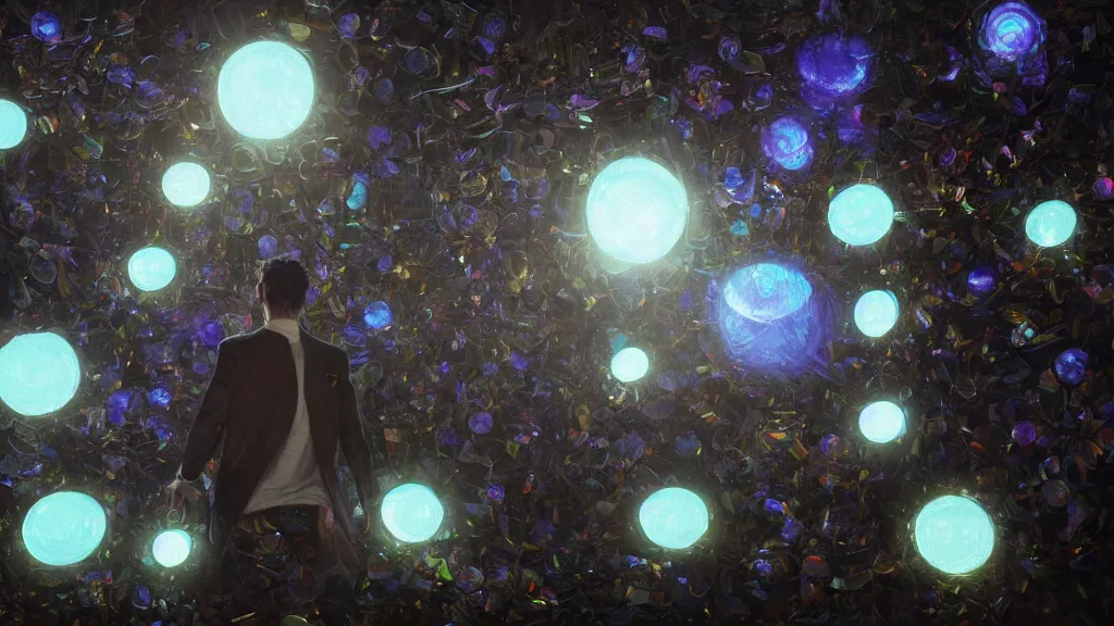 Image similar to swarm of glowing iridescent discs surrounding a man, by greg rutkowski