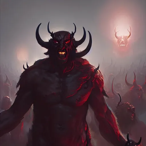 Image similar to pat robertson with deep black eyes wide open as the devil lording over his army of demons, greg rutkowski, trending on artstation, 8 k