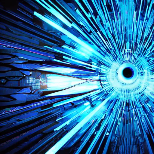 Prompt: clowncore pixar picture of a cyberpunk spaceship coming out of a wormhole | lasers firing | blue and black | sci fi fantasy, golden ratio, sharp focus, concept art