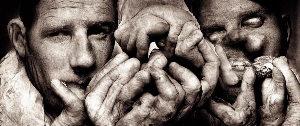 Image similar to award winning photo of a soulless man eating dry bread, vivid colors, happy, symmetrical face, beautiful eyes, studio lighting, wide shot art by sally mann & arnold newman