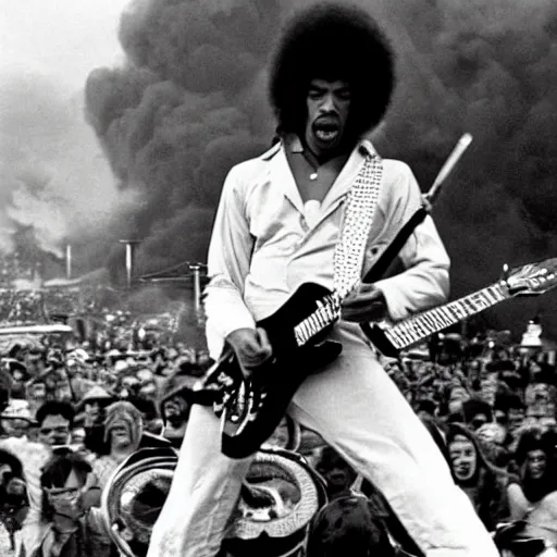 Image similar to a person in a Godzilla costume as Jimi Hendrix performing on stage at Woodstock, photo