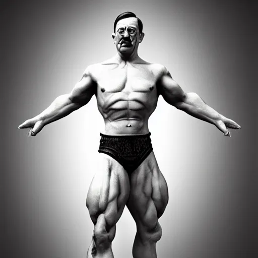 Image similar to Adolf hitler with the physique of a body builder, hyper realistic, ultra detailed, cinematic, dynamic lighting, photorealistic, refined, intricate, digital art, digital painting, masterpiece, 8k