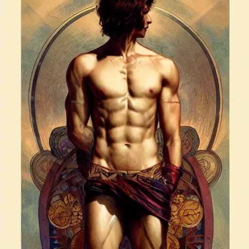 Prompt: a heavenly god, gorgeous, amazing, muscular, hairy torso, intricate, highly detailed, digital painting, artstation, concept art, sharp focus, illustration, art by greg rutkowski and alphonse mucha