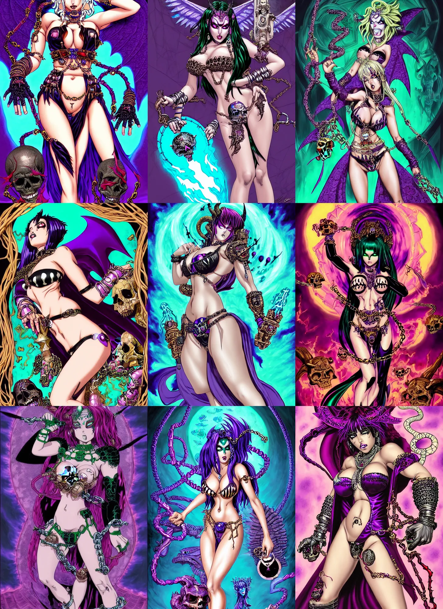 Prompt: gorgeous!! woman as a chained demoness sorcerer empress wearing a bikini, d & d, morrigan aensland, skulls, lightning eyes, hellish background | art by jack kirby + akira toriyama + katsuhiro otomo + hirohiko araki | intricate, highly detailed, digital painting, smooth, sharp focus, hyper - realistic, symmetrical, octane render