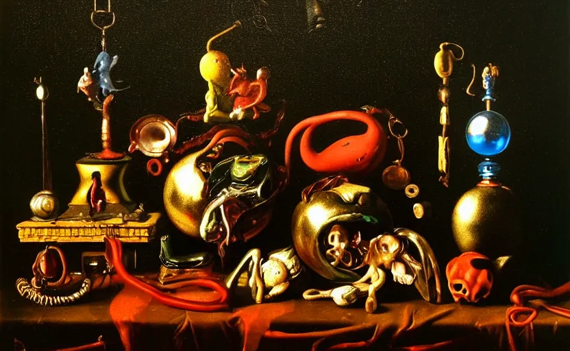 Image similar to disturbing colorful oil painting dark background dutch golden age vanitas still life vintage toys beautiful composition with bizarre objects strange surfaces shiny metal reflections bizarre lights rachel ruysch dali todd schorr very detailed perfect composition rule of thirds masterpiece canon 5 0 mm, cinematic lighting, photography, retro, film, kodachrome