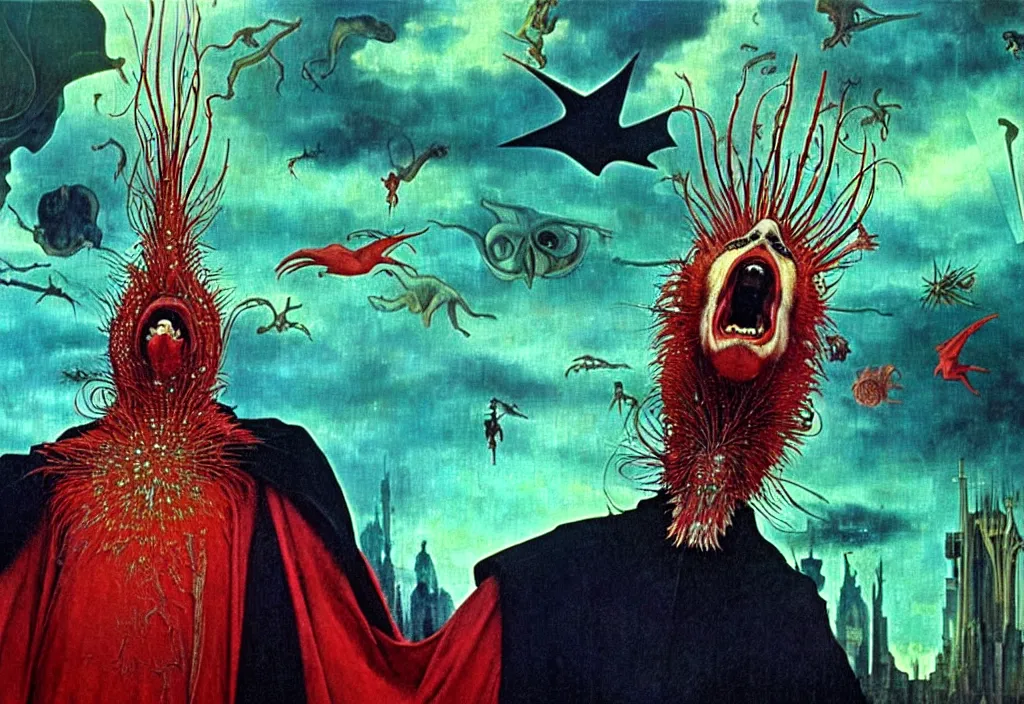 Image similar to realistic detailed portrait movie shot of a screaming birdman wearing black robes, sci fi city landscape background by denis villeneuve, amano, yves tanguy, alphonse mucha, ernst haeckel, max ernst, roger dean, hieronymus bosch, masterpiece, rich moody colours, dog teeth, blue eyes