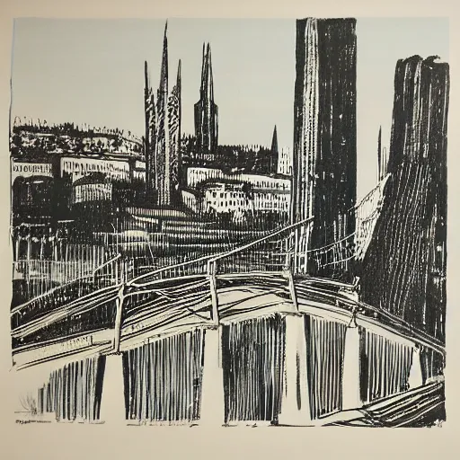 Image similar to 1 9 7 0 s grainy vintage illustration by norman bluhm. a beautiful illustration of a cityscape with tall spires & delicate bridges.