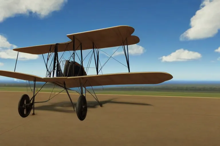 Prompt: still photo of the wright brothers flying airplane for the first time, highly detailed, photorealistic shot, bright studio setting, studio lighting, crisp quality and light reflections, unreal engine 5 quality render