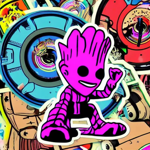 Image similar to svg sticker of a Pop-Wonder Groot-Marvel-Avenger at a rave, spinning records, giant headphones rocking out, wearing headphones, huge speakers, dancing, rave, DJ, spinning records, digital art, amazing composition, rule-of-thirds, award-winning, trending on artstation, featured on deviantart