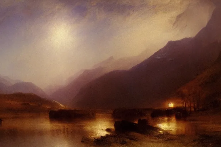 Image similar to a beautiful oil painting of a Scottish Highland winter landscape, evening light, by Albert Bierstadt and jmw turner, beautiful light, detailed, dramatic