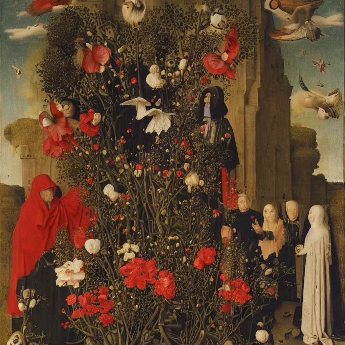 Prompt: a group of cloaked figures surround a bird on top of flowers, by Jan van Eyck