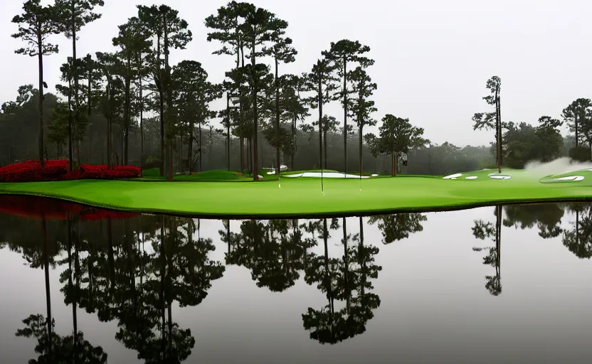 Prompt: augusta national, the masters, many beautiful flowers and magnlia trees, completely flooded with brown water during rain storm, beautiful ambient light, fog,