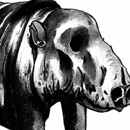 Prompt: A skull of a tapir. Frontal View, Close Up Shot, Dark Fantasy, Film Noir, Black and White. High Contrast, Mike Mignola, D&D, OSR