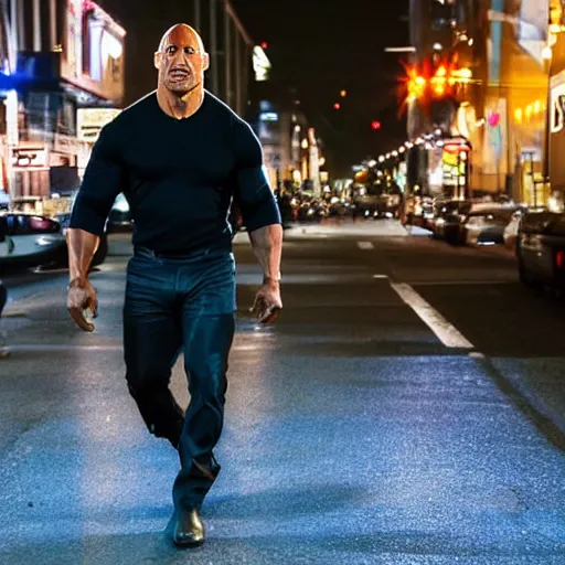 Image similar to Dwayne Johnson on the street in the night, bright lighting, high quality, ultra detailed , full body