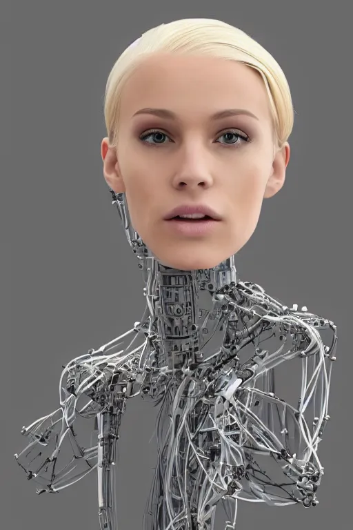 Image similar to robot with human face, female head, full body angle, woman human face, human face realistic, beautiful blonde hair, human head, human head with blonde hair, blonde hair human head, blonde hair, human realistic face, human head skin, cyborg frame concept, cyborg by ales-kotnik, sci-fi android female, the body is made of wires, robotic body, cyborg body, cyborg bust body, robot body cyborg, full body