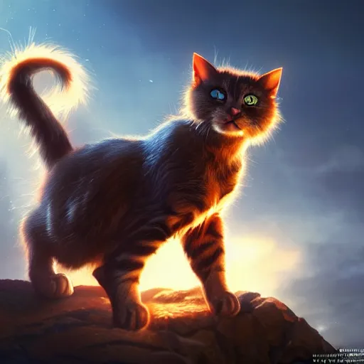 Image similar to cat - goku hybrid, genkidama, golden hour, fantasy, sharp focus, digital art, hyper realistic, 4 k, unreal engine, highly detailed, hd, dramatic lighting by brom, trending on artstation, new cats movie