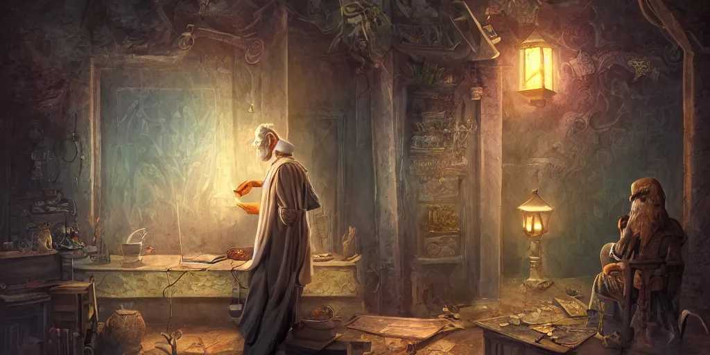 Image similar to back shot of wizened aristocrat examining the mysteries of tarot cards on a magical blackboard, fantasy art, matte painting, high quality, digital painting, artwork by tony sart