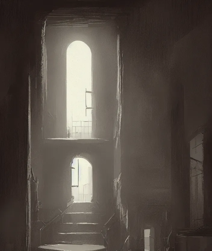 Image similar to a door at the end of a long dark staircase leading down and a dark corridor by raphael lacoste, trending on artstation