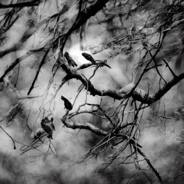 Prompt: bird of prey feeding a rabbit carcass to its offspring in the nest, dark photo, black and white photo, trees and branches bakground, motion blur, grainy, bad photocopy, bad print