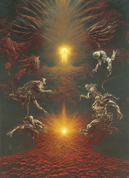 Image similar to battle between good and evil , battle between angels and demons, psx game graphics , painting by Beksinski and Moebius and Takato Yamamoto, high resolution, ultra detailed