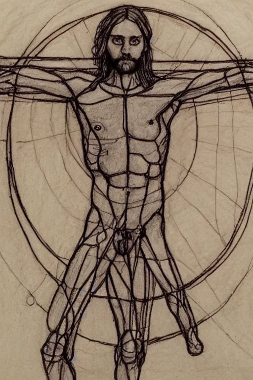 Image similar to jared leto vitruvian man, drawn by leonardo da vinci, sketch, notes