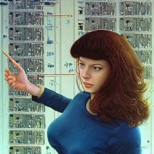 Prompt: beautiful detailed sci - fi painting of a beautiful female neuroscientist with dark hair trying to understand a microprocessor and neural networks, jean giraud