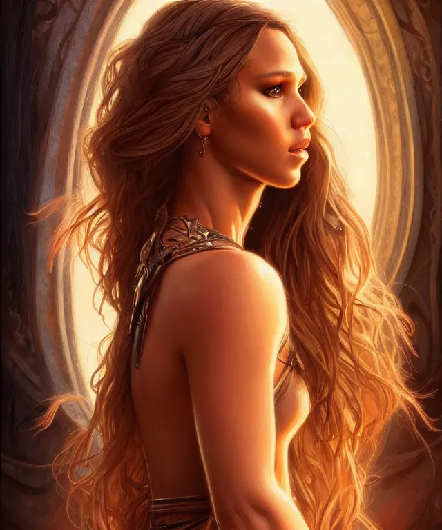 Image similar to half jessica Alba half Jennifer lawrence a fantasy magic woman portrait, sci-fi, amber eyes, face, long hair, fantasy, intricate, elegant, highly detailed, digital painting, artstation, concept art, smooth, sharp focus, illustration, art by artgerm and greg rutkowski and alphonse mucha