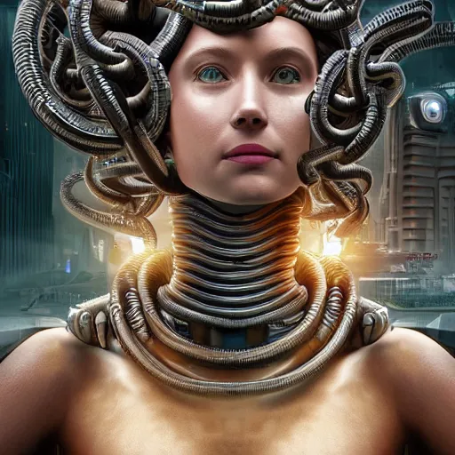 Prompt: photorealistic portrait of a cyborg gorgon medusa with borg implants and mechanical snakes coming out of her head. Dystopian city in the backgeound. very detailed, 8k