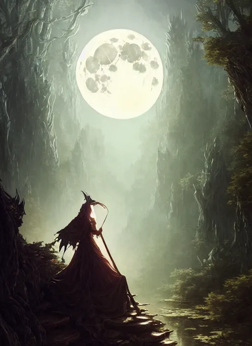 Image similar to full moon, adventurer outfit large cloak, fantasy forest landscape, dragon scales, fantasy magic, dark light night, intricate, elegant, sharp focus, illustration, highly detailed, digital painting, concept art, matte, art by WLOP and Artgerm and Greg Rutkowski and Albert Bierstadt, masterpiece