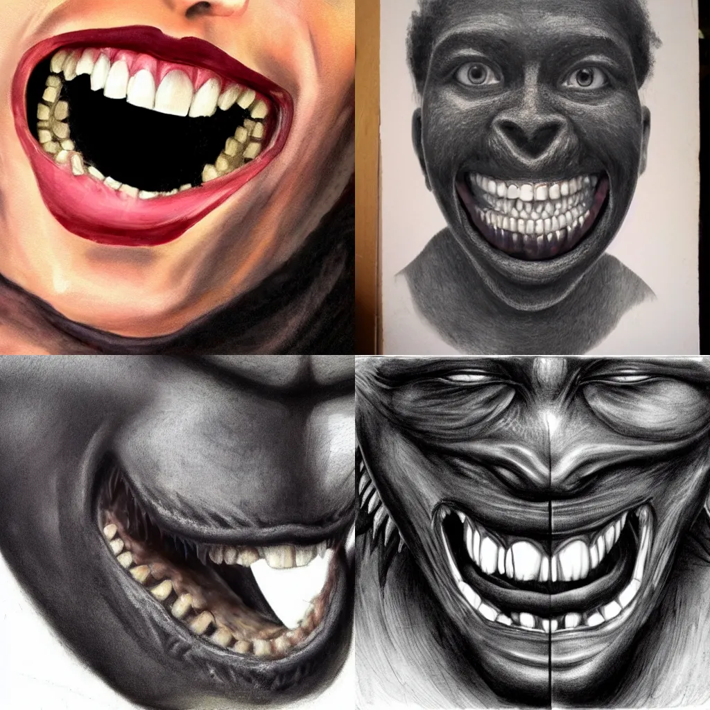 Prompt: incredibly detailed portrait of a teenager, half of the face in the form of a black monster, realistic fangs instead of teeth