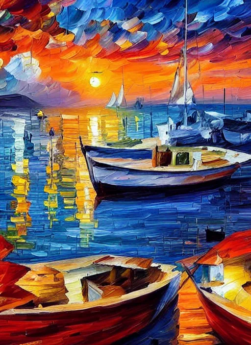 Image similar to beautiful seaside greek village and boats at sunset in the style of leonid afremov