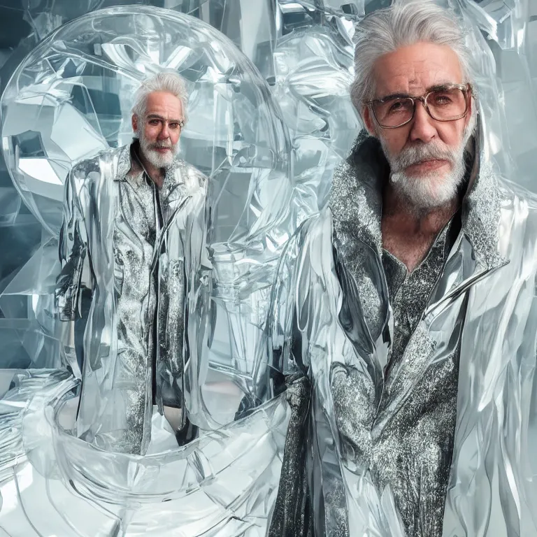 Prompt: high fashion photoshoot octane render portrait by wayne barlow and carlo crivelli and glenn fabry, a distinguished sci - fi futuristic wizard with a long white beard wearing a clear plastic iridescent jacket and holding a magical adorable critter while standing inside a futuristic beautiful boutique fantasy hotel lobby, very short depth of field, bokeh