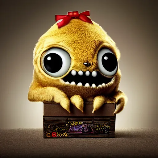 Image similar to cute monster in a box by Greg Rutkowski, product photography, centered, studio lightning