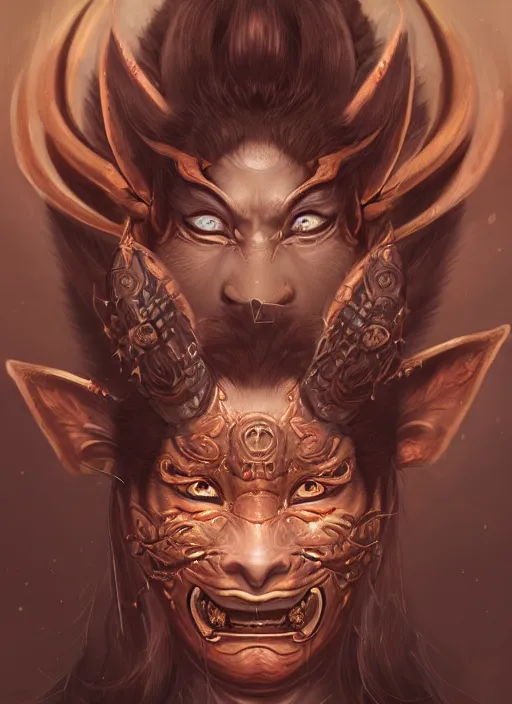 Prompt: a beautiful detailed oil on copper art illustration of a oni hannya mask shogun wolf woman, centered, by charlie bowater, zeng fanzh, trending on artstation, dim dusk lighting, cinematic lighting, detailed lighting, volumetric lighting, realistic, f 8, 4 k hd wallpaper