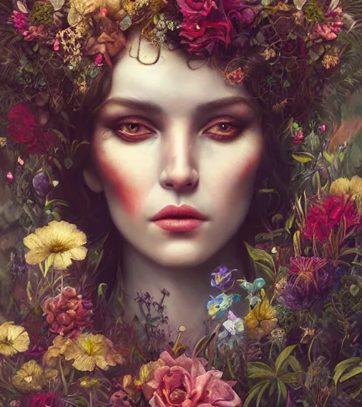 Prompt: portrait of the beautiful queen of the underworld, surrounded by flowers and vegetation by karol bak, James Jean, tom bagshaw, rococo, trending on artstation, cinematic lighting, hyper realism, octane render, 8k, hyper detailed.