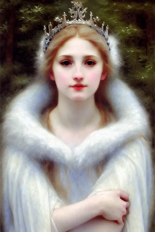 Image similar to snow queen in furry ice cold, painting by rossetti bouguereau, detailed art, artstation