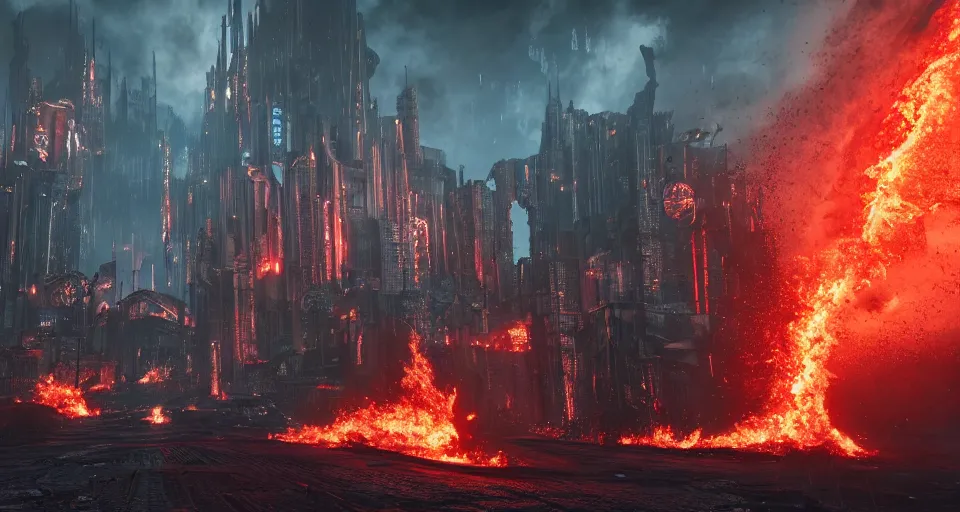 Image similar to for lava-tornadoes destroy a cyberpunk medieval gothic dark-ages city, rich contrast, feeling of grimdark and gothic horror, explosions and fire, hyperrealistic, octane render, unreal engine, Cryengine 8k UHD