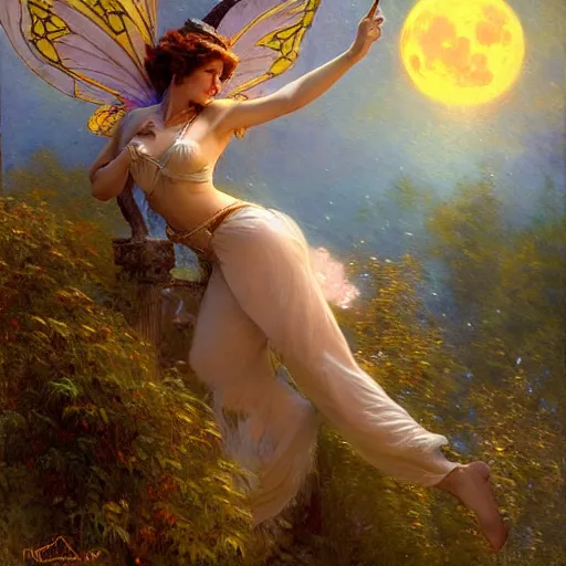 Image similar to attractive fairy magically floating high in the night, fantasy, full moon in background. highly detailed painting by gaston bussiere, craig mullins, j. c. leyendecker, mid shot, 8 k realistic, cryengine, frostbite 3 engine, sharp focus