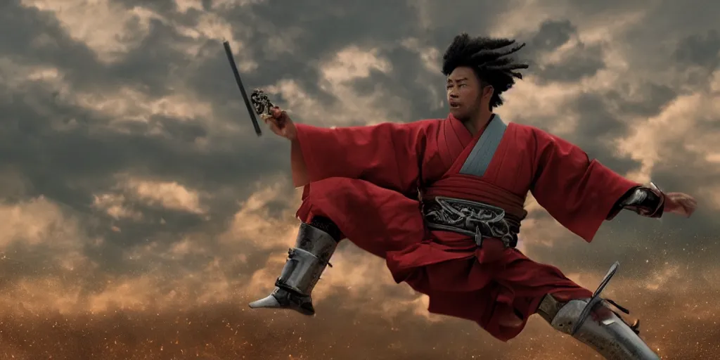 Image similar to a film still of a light skinned black man starring as an ancient samurai flying doing a flying kick, japanese blockbuster film, the sky is red, shallow depth of field, cinematic, award winning cgi, vfx, film still
