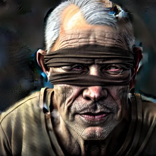 Prompt: portrait painting of a post - apocalyptic older american man blindfolded and wearing ruined monk garbs, ultra realistic, concept art, intricate details, eerie, highly detailed, photorealistic, octane render, 8 k, unreal engine. art by artgerm and greg rutkowski and charlie bowater and magali villeneuve and alphonse mucha